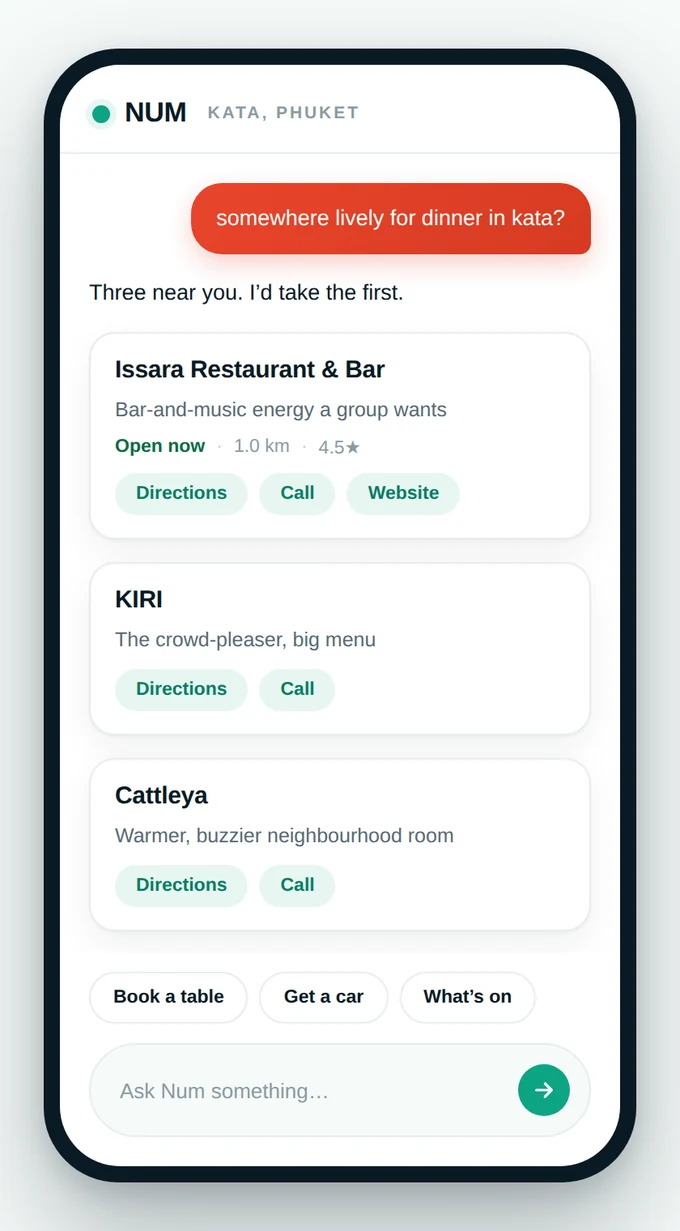 A traveller’s phone: NUM answers “somewhere lively for dinner in kata?” by naming three real restaurants, each with Directions, Call and Website